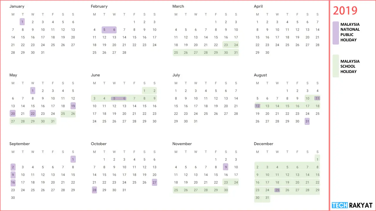 Year 2019 calendar with Malaysia public holidays and school holidays