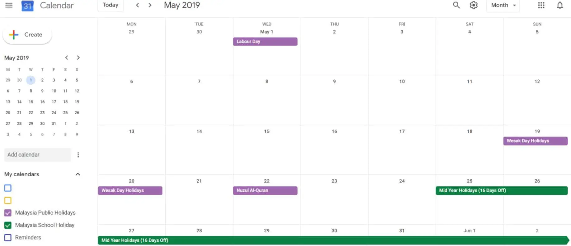 Malaysia public holidays and school holidays in Google Calendar