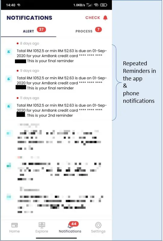 finory credit card payment reminders