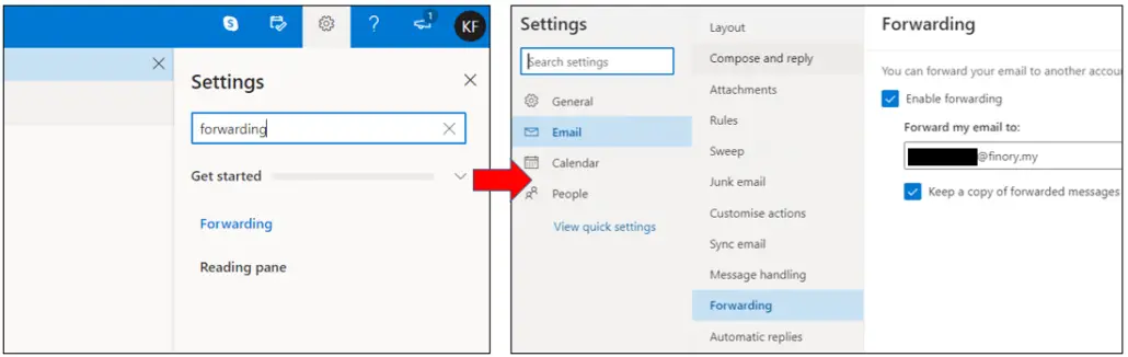 forward email from outlook to finory email