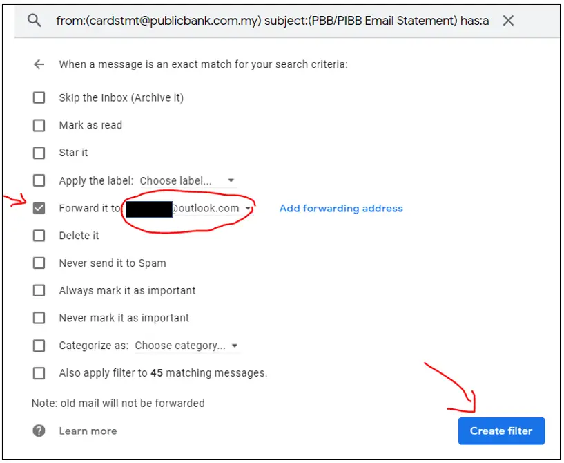 setting up credit card statement filter in gmail for finory -step 2