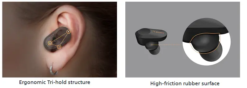 Sony WF-1000XM3 structure and rubber surface