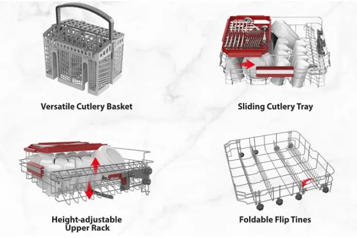 Toshiba DW-14F1 with cutlery basket, sliding cutlery tray, height-adjustable upper rack and foldable flip tines