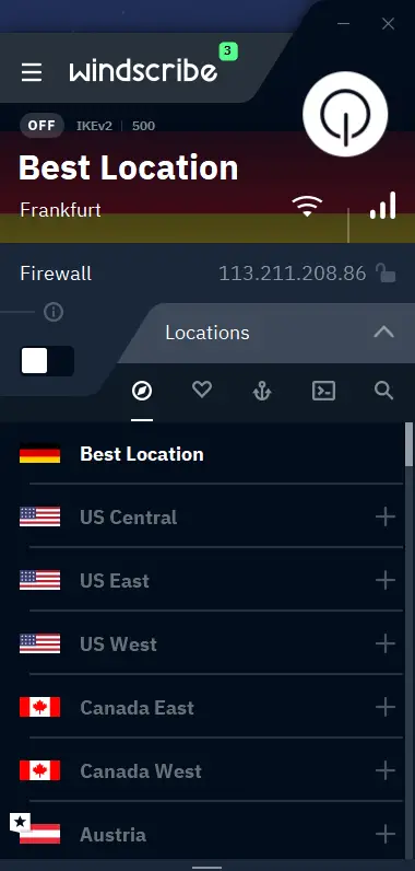 Windscribe Windows client interface